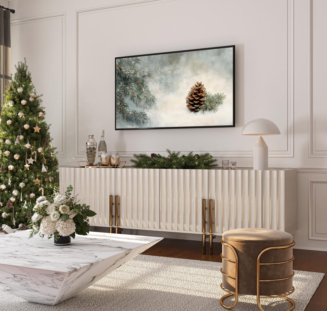 Minimalist Pinecone Snow Frosted Pine Branch Neutral Nature Art Poster - Image 3