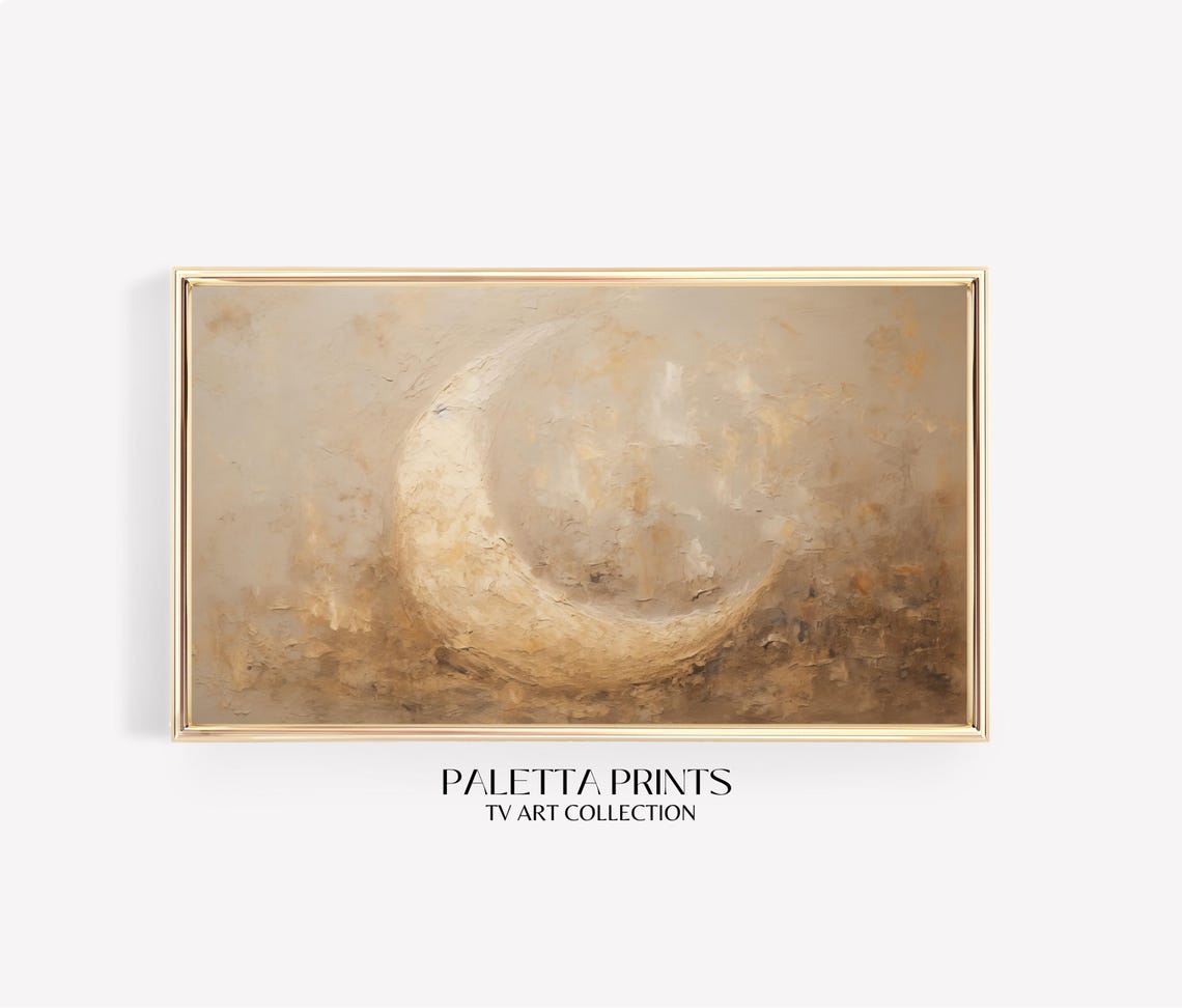 Textured Crescent Moon Painting For Frame Tv Islamic Art Gold Beige Abstract Lunar Decor Ramadan Wall Art Elegant Minimalist Islam Aesthetic - Image 3