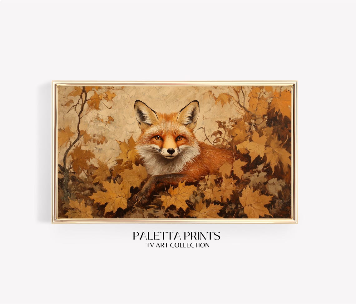 Red Fox Resting Golden Leaves Warm Autumn Portrait Woodland Art Print