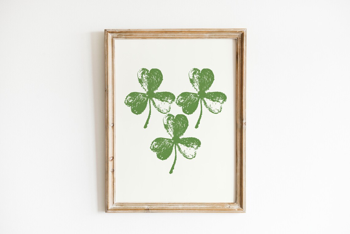 Shamrock Trio Green Clover Botanical Block Print St Patricks Day Art