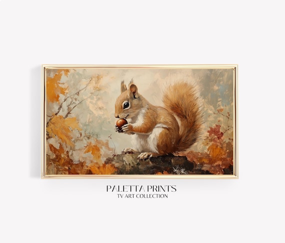 Red Squirrel Holding Acorn Autumn Leaves Cute Woodland Art Wall Print