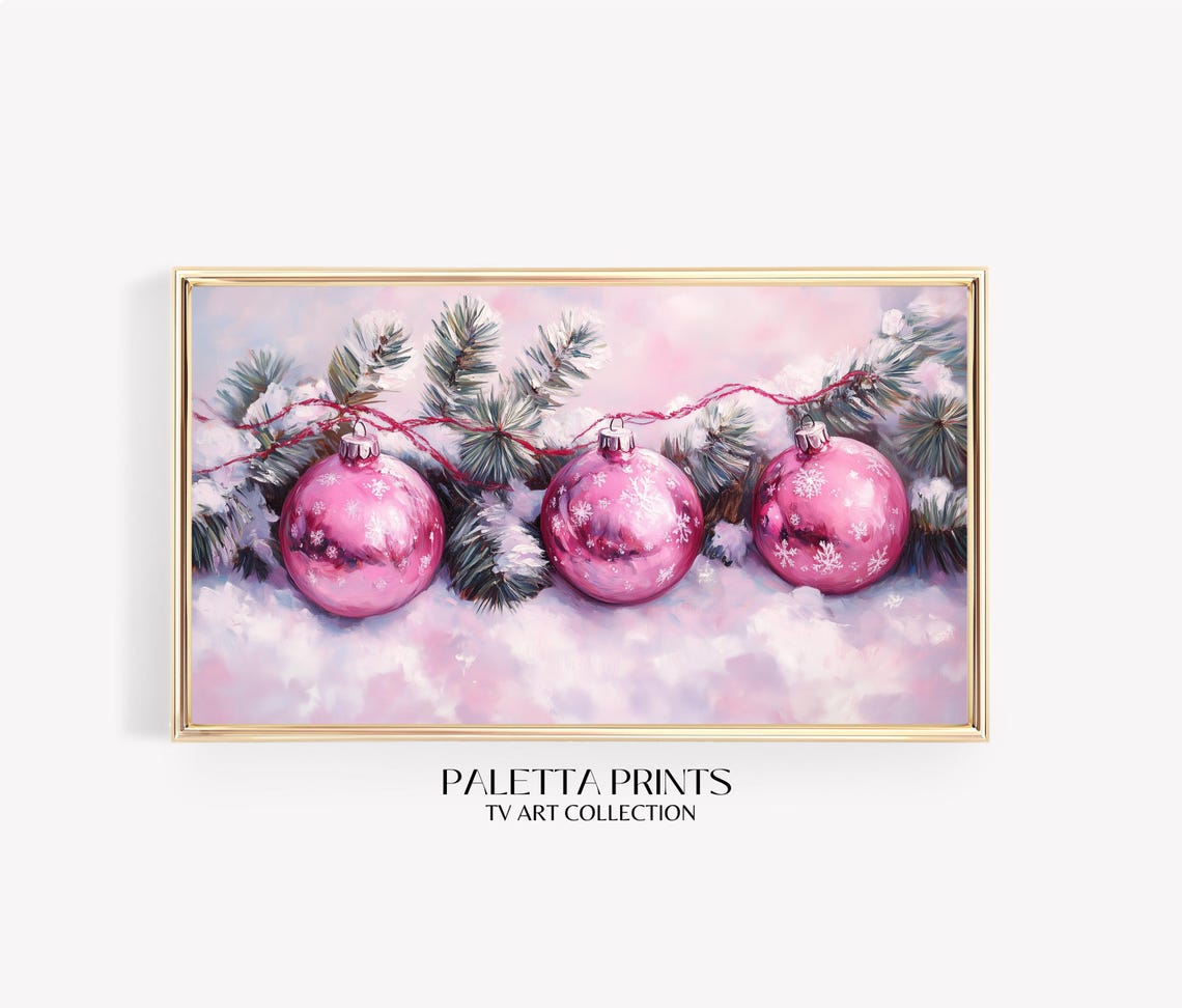 Pink Christmas Ornament Garland Painting Snowy Pine Branches Art Print