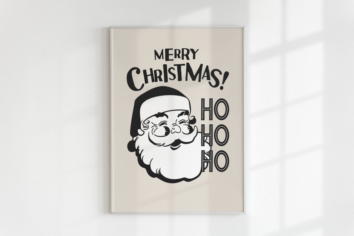 Retro Santa Claus Merry Christmas Ho Ho Ho Quote Beige Wall Art