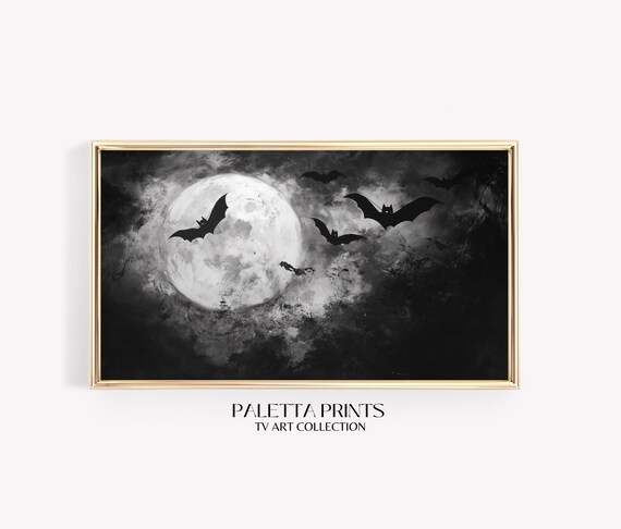 Full Moon With Bat Silhouettes Black And White Halloween Night Poster