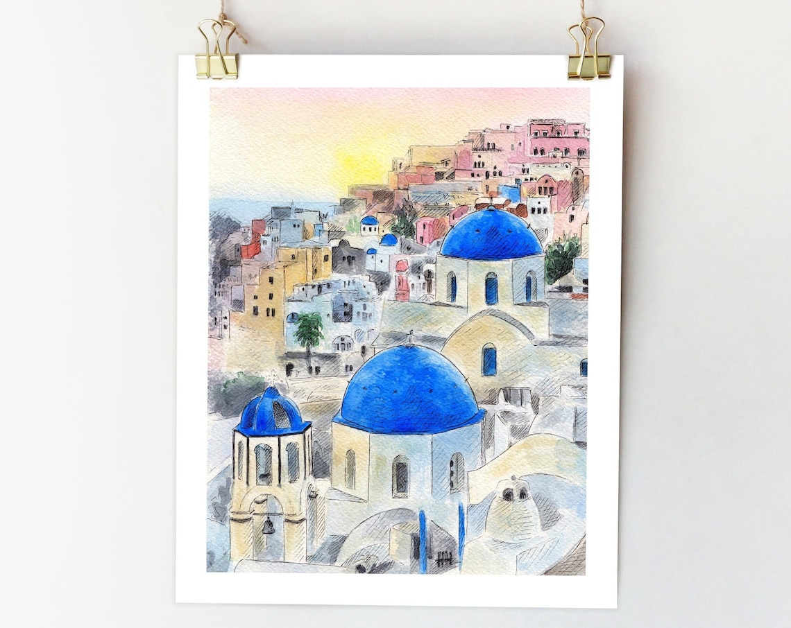 Santorini Greece Watercolor City Sketch Art Print