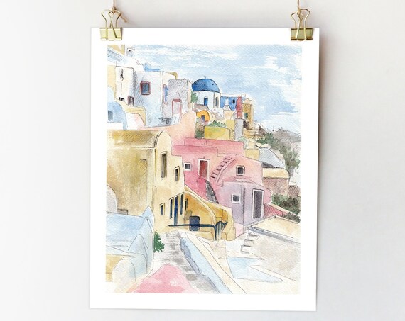 Santorini Sketch Art Print, Greece Watercolor Painting