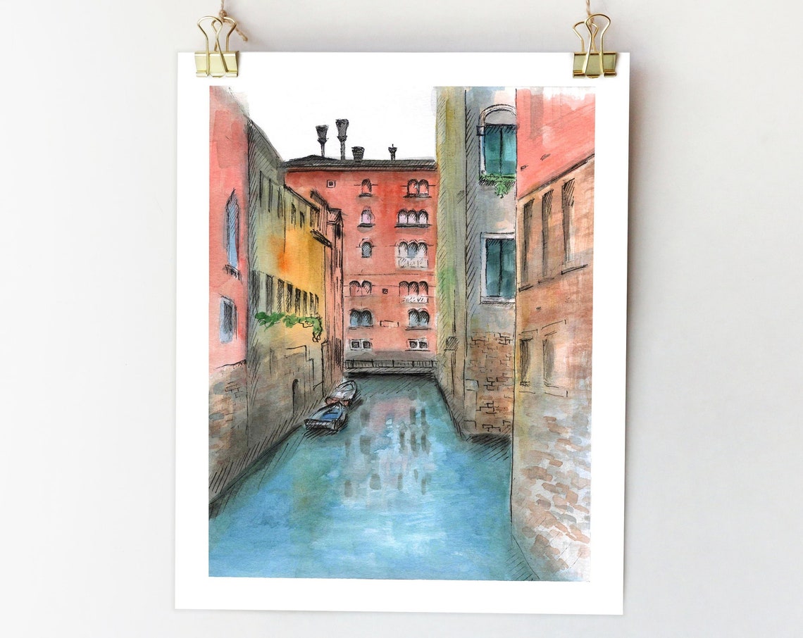 Venice Italy Watercolor Art Print, Colorful City Sketch