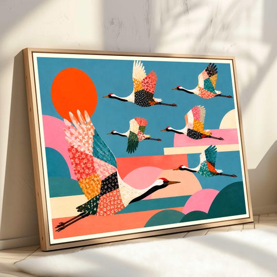 Stylized Crane Bird Print Abstract Landscape Wall Art Vibrant Flying Cranes Poster Modern Nature Decor