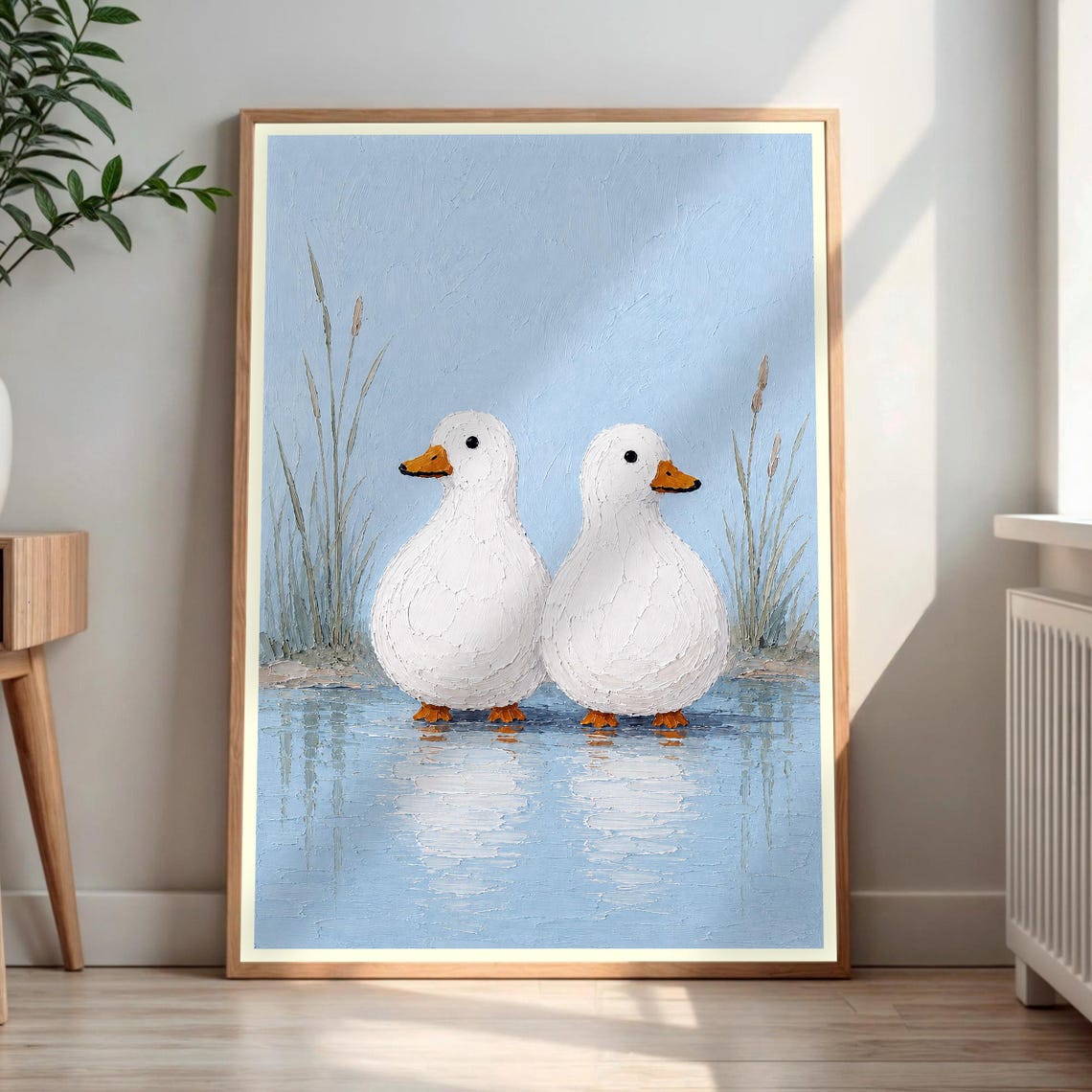 Two Chubby White Ducks in Pond Textured Blue Oil Painting Poster