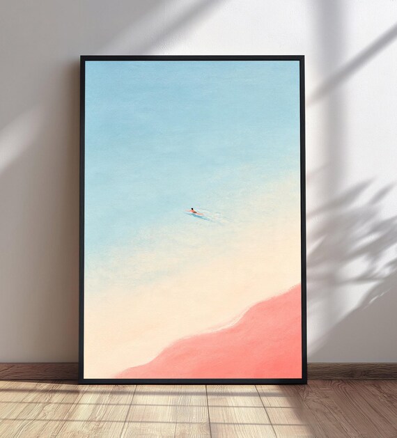 Aerial Ocean Swimmer Minimalist Peach Beach Coastal Art Poster