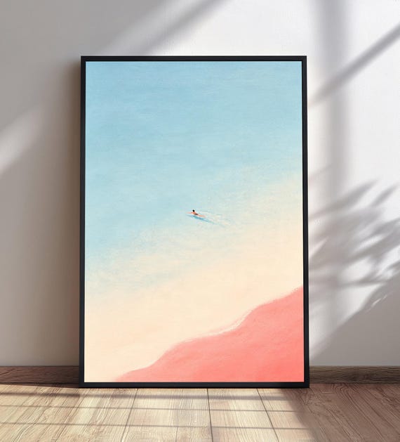 Minimalist Beach Print Aerial Swimmer Ocean Wall Art Peach Coral Coastal Decor Summer House Poster
