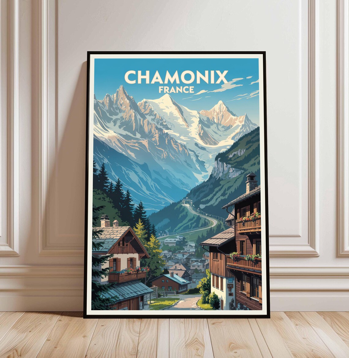 Chamonix France Travel Poster Alpine Village Snowy Mont Blanc Peaks