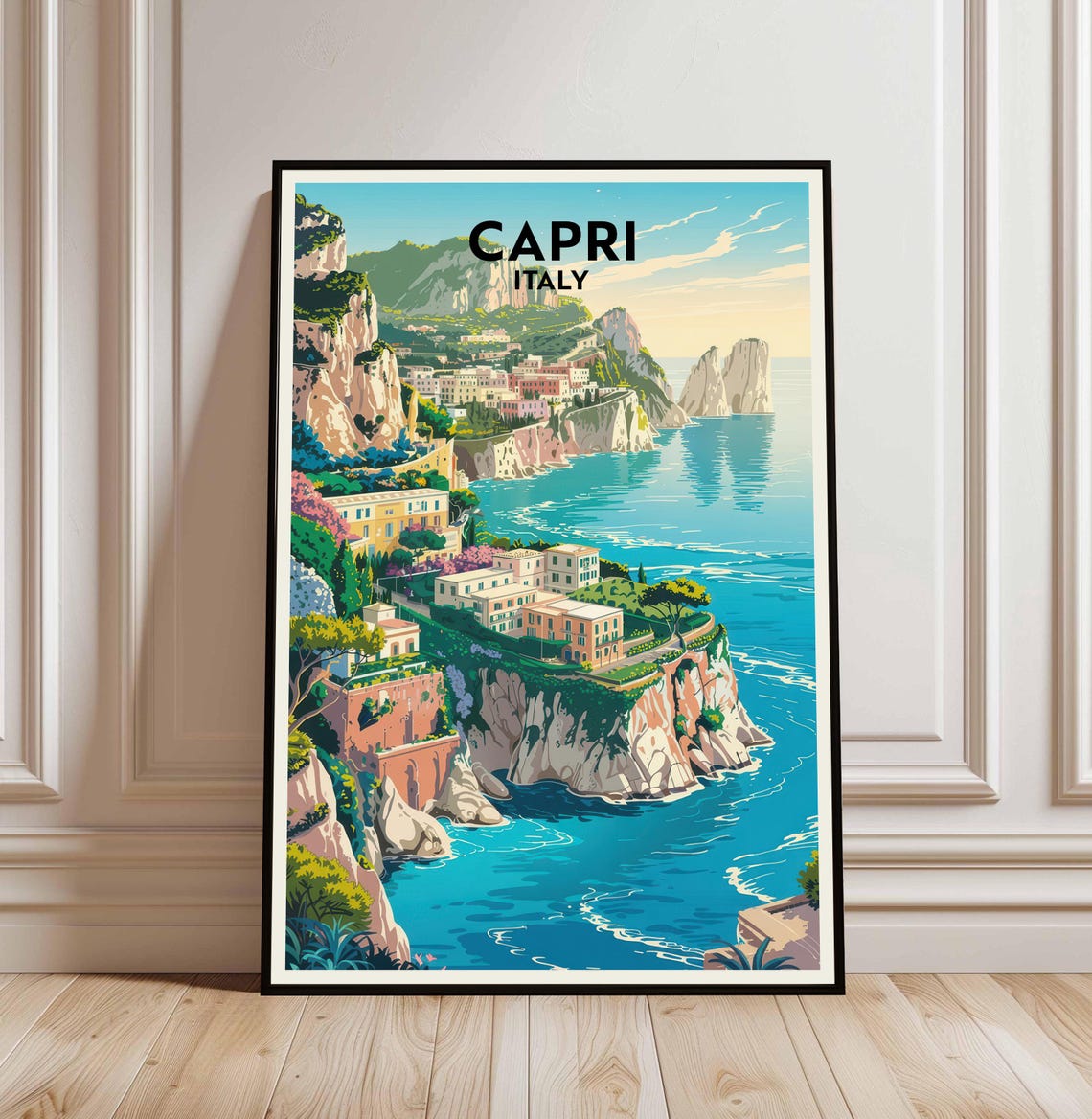 Capri Italy Faraglioni Cliffs Coastal Town Vintage Travel Poster