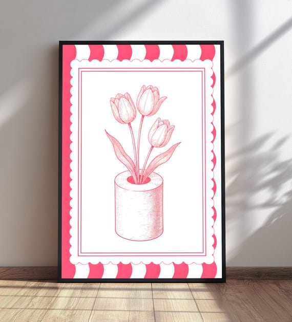 Tulips Toilet Paper Print Funny Bathroom Wall Art Pink Scalloped Decor Whimsical Floral