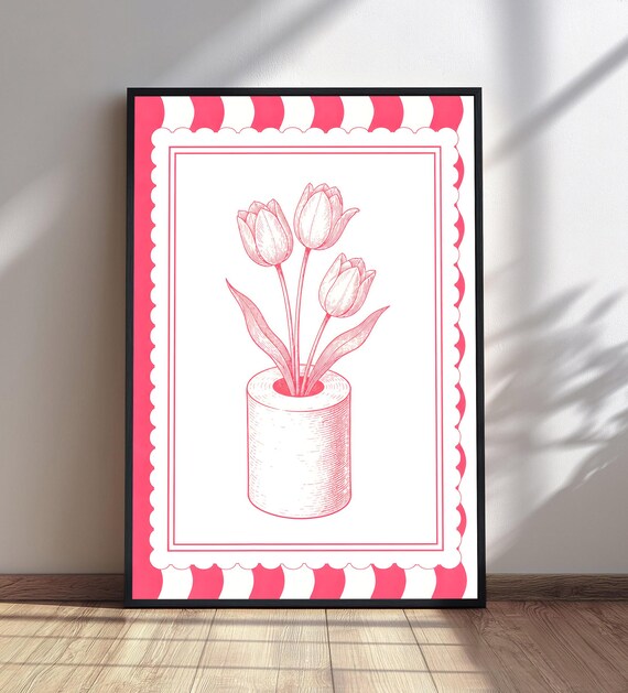 Tulips Toilet Paper Roll Funny Pink Guest Bathroom Humor Wall Art