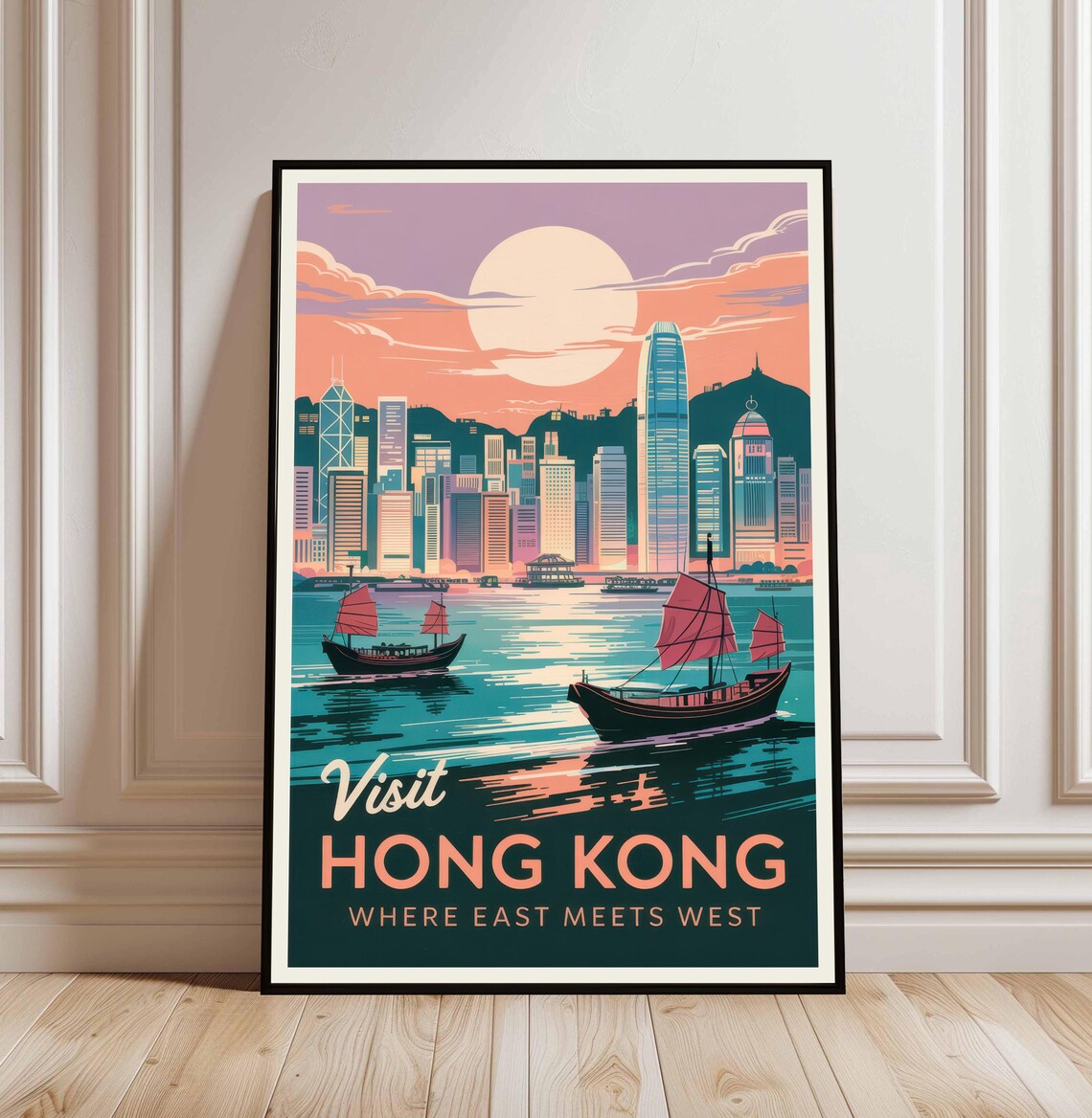 Visit Hong Kong Harbor Skyline Red Sail Junk Boats Vintage Travel Poster