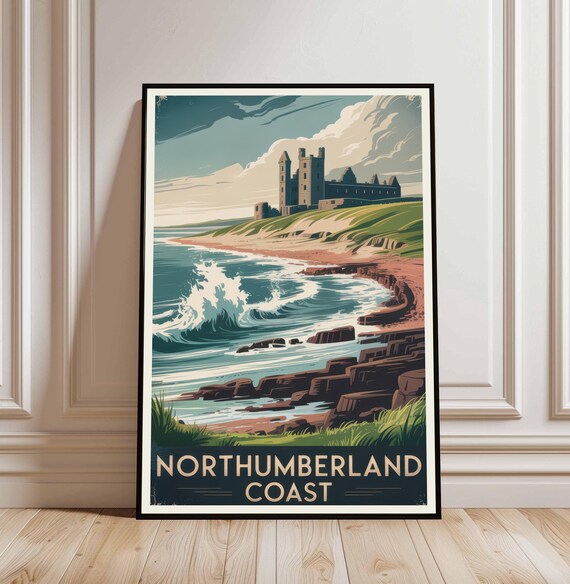 Northumberland Coast Castle Ruin Waves Vintage Travel Poster
