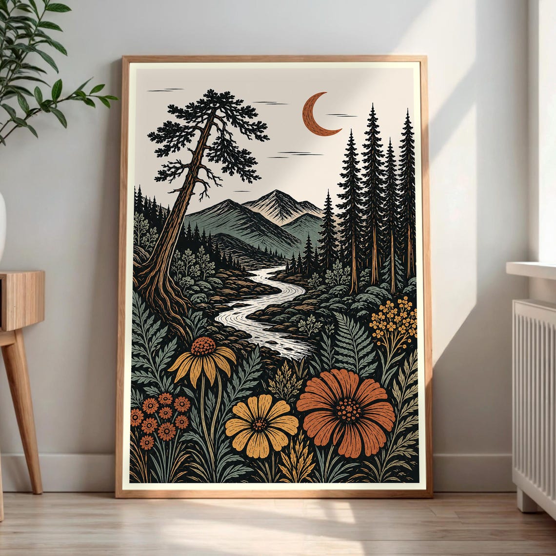 Woodcut Forest Landscape Print Mountain River Moon Wall Art Wildflower Nature Decor Vintage Style Poster