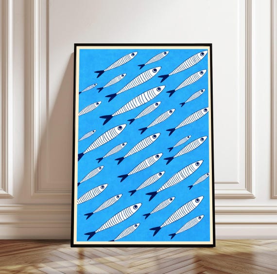 School Of Fish Wall Art Ocean Print Coastal Decor Vibrant Blue