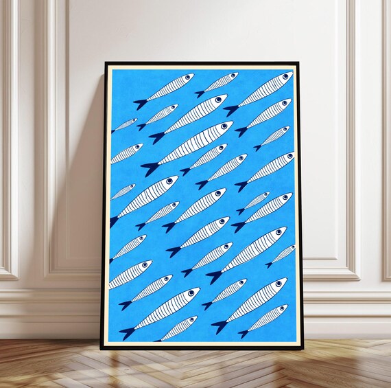 School of Stylized Sardine Fish Blue Coastal Illustration Poster
