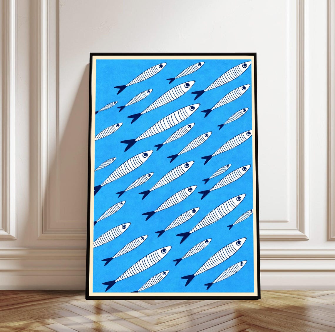 School of Stylized Sardine Fish Blue Coastal Illustration Poster