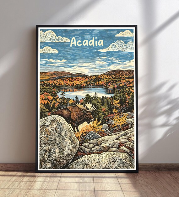 Acadia National Park Vintage Travel Poster, Maine Landscape