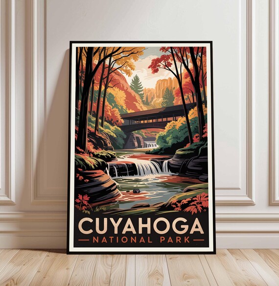 Cuyahoga National Park Autumn Falls Covered Bridge Vintage Travel Poster