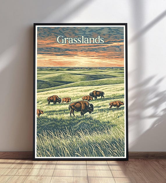 Grasslands National Park Print Bison Wall Art Vintage Travel Poster Woodcut Style Decor