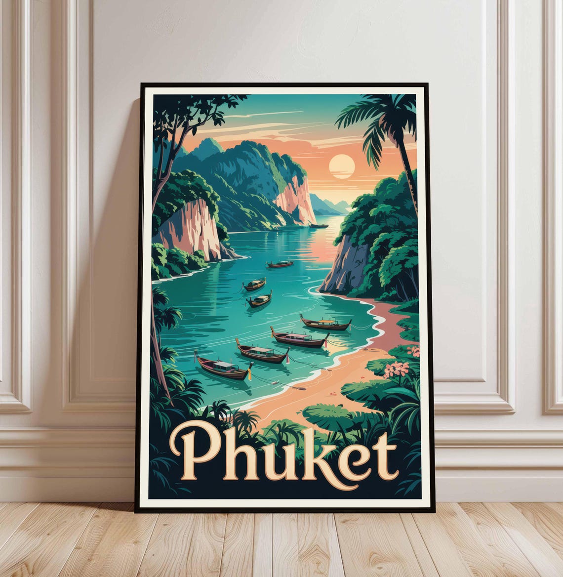 Phuket Thailand Vintage Travel Poster Longtail Boats Tropical Cliffs