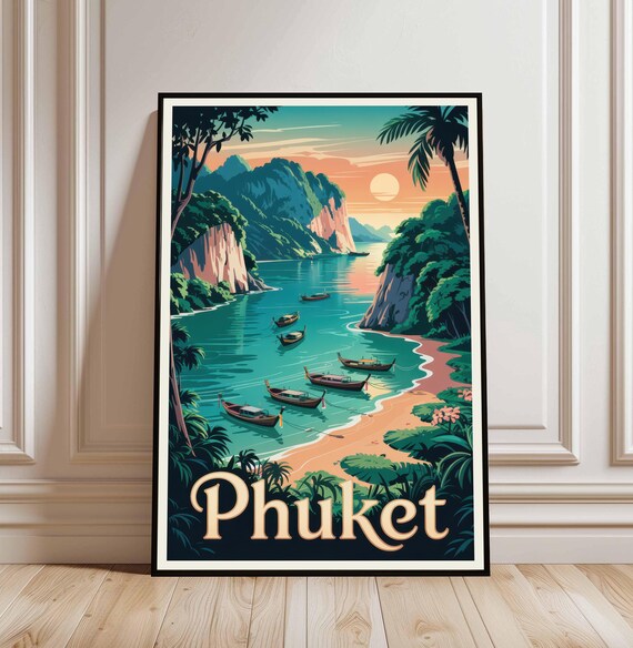 Phuket Thailand Vintage Travel Poster Longtail Boats Tropical Cliffs