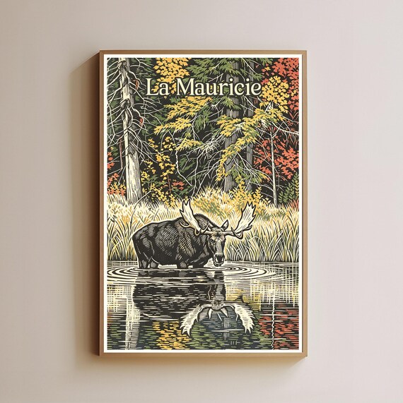La Mauricie Moose Autumn Lake Vintage Woodcut Travel Style Poster