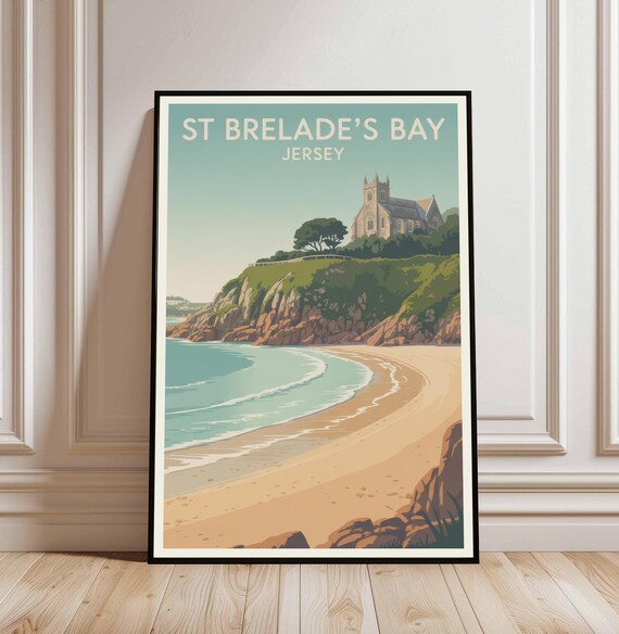 St Brelades Bay Jersey Vintage Travel Poster Sandy Beach Church Art