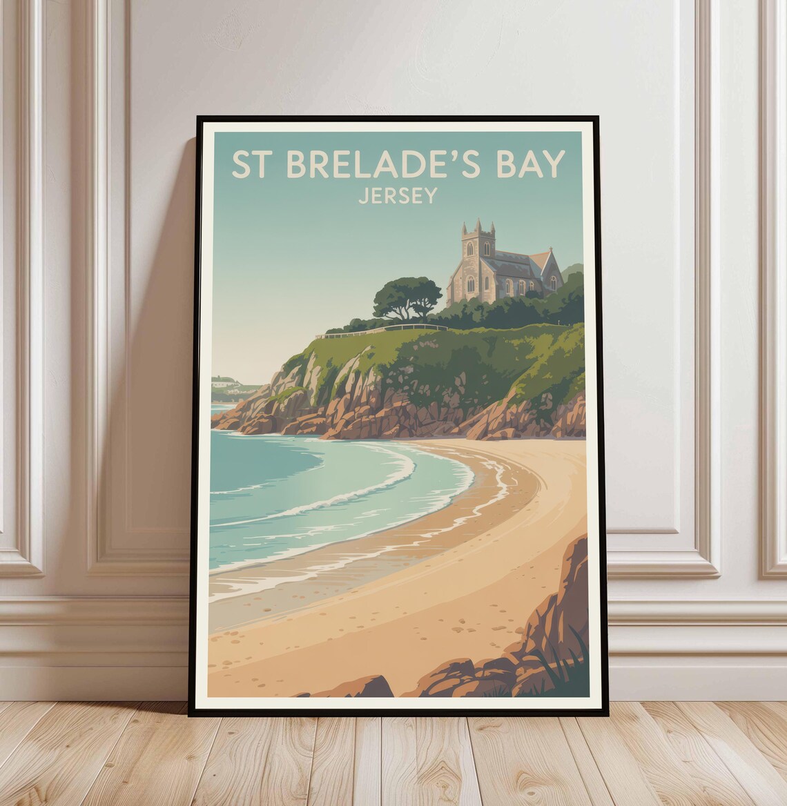 St Brelades Bay Jersey Vintage Travel Poster Sandy Beach Church Art