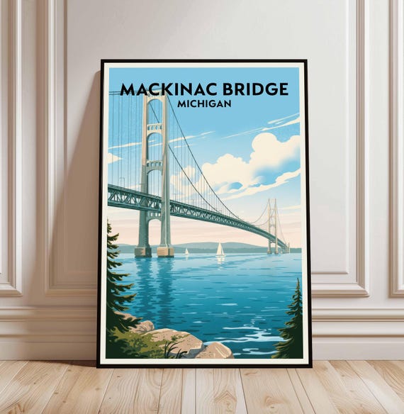 Mackinac Bridge Art Print Michigan Travel Poster Digital Download