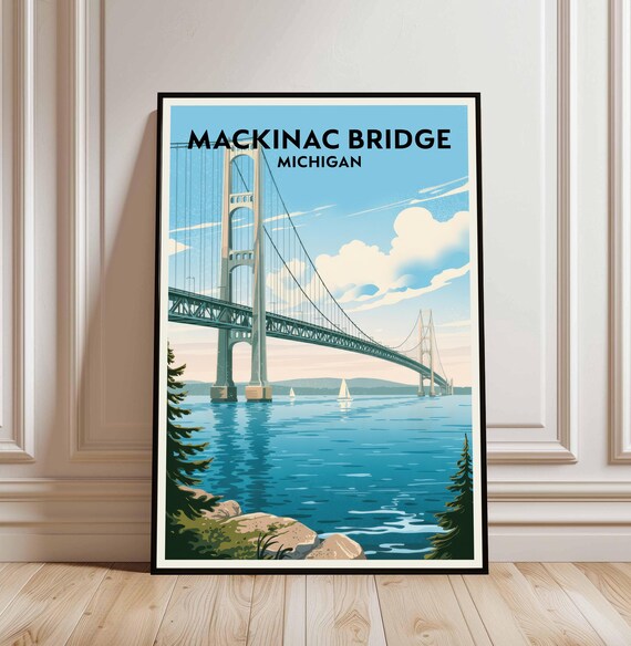 Mackinac Bridge Michigan Mighty Mac Suspension Span Vintage Travel Poster
