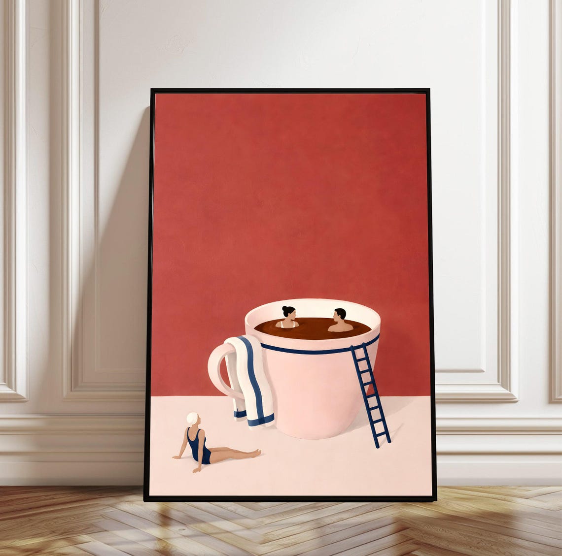 Whimsical Coffee Art Print Swimmers In Cup Unique Kitchen Wall Decor Lover Gift