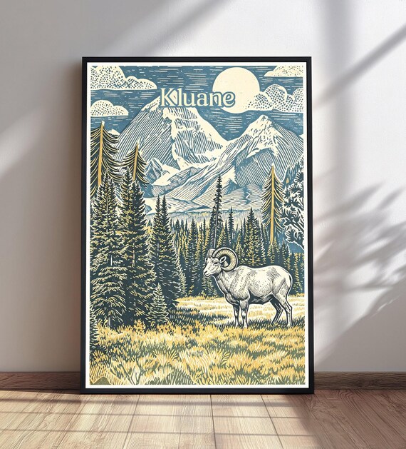 Kluane Dall Sheep Snowy Peaks Moon Vintage Travel Style Poster