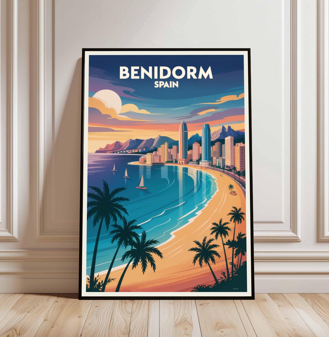 Benidorm Spain Sunset Beach Palm Sailboat Vintage Travel Poster