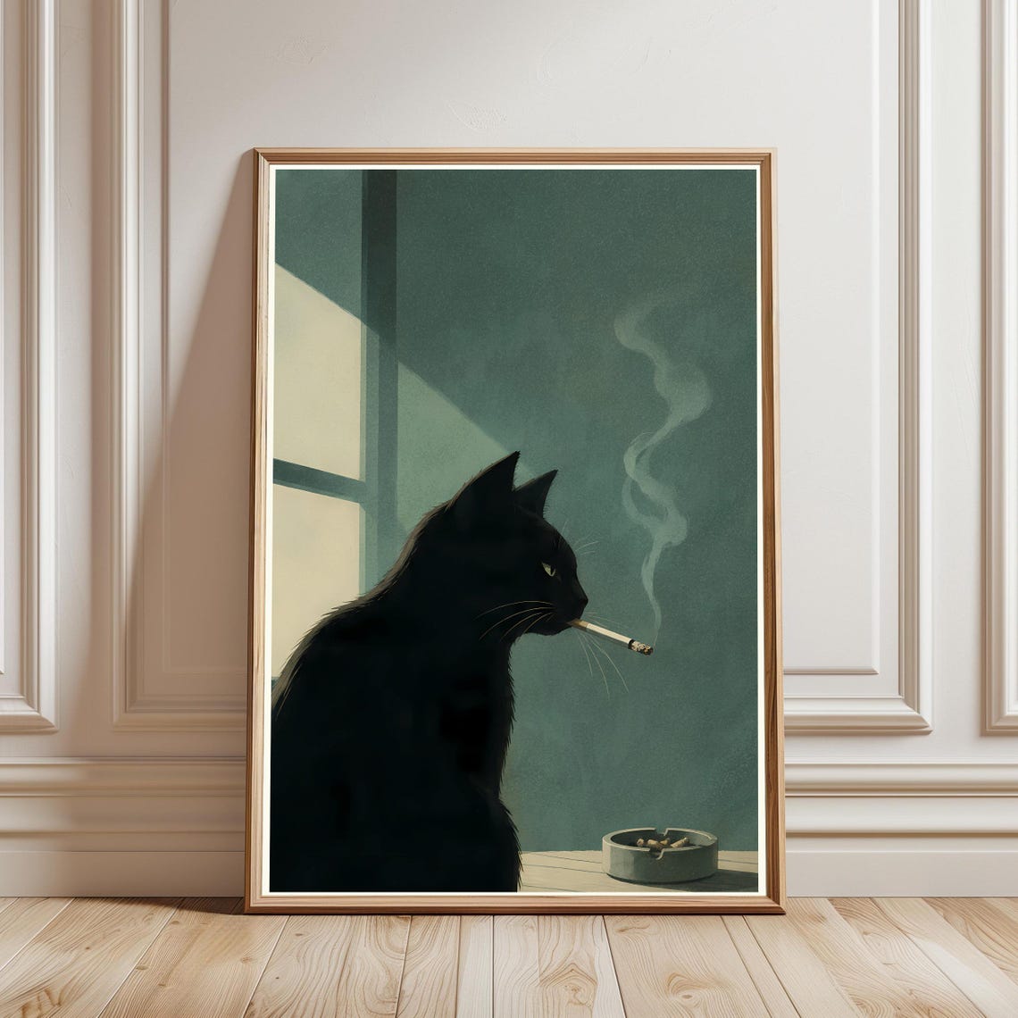 Black Cat Smoking Cigarette Film Noir Window Light Moody Poster