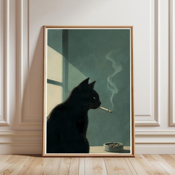 Black Cat Smoking Cigarette Print Film Noir Wall Art Vintage Animal Poster Funny Quirky Home Decor