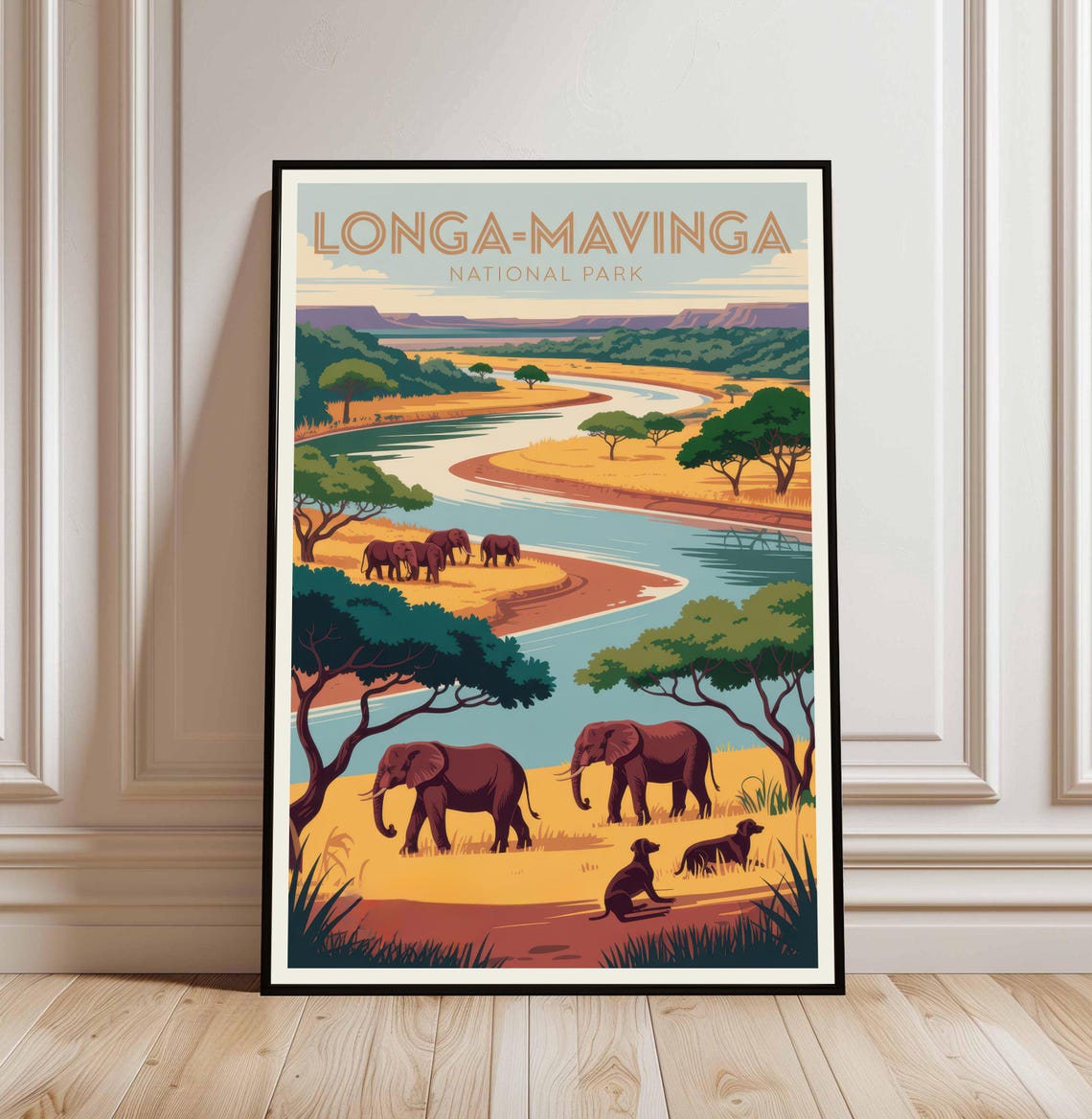 Longa Mavinga National Park Elephants River Vintage Travel Poster