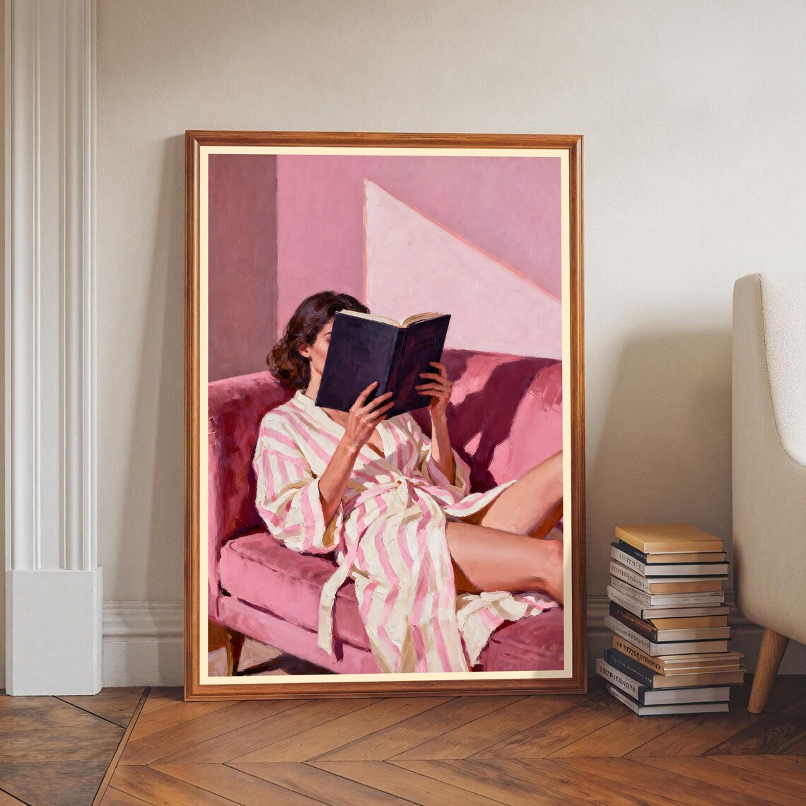 Woman Reading Book, Pink Couch Wall Decor