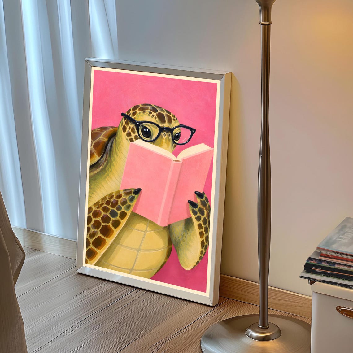 Sea Turtle Reading Book Print Whimsical Animal Wall Art Pink Kids Room Decor Fun Nursery