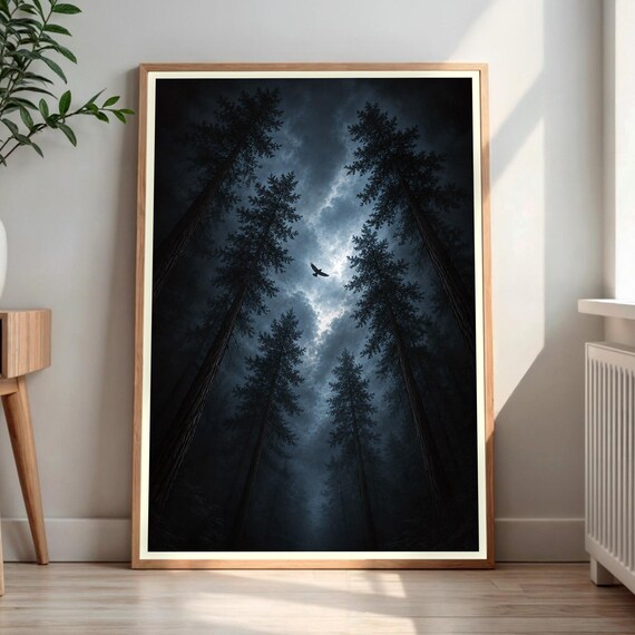 Dark Forest Print Moody Pine Trees Night Sky Wall Art Gothic Landscape Flying Bird Nature Decor