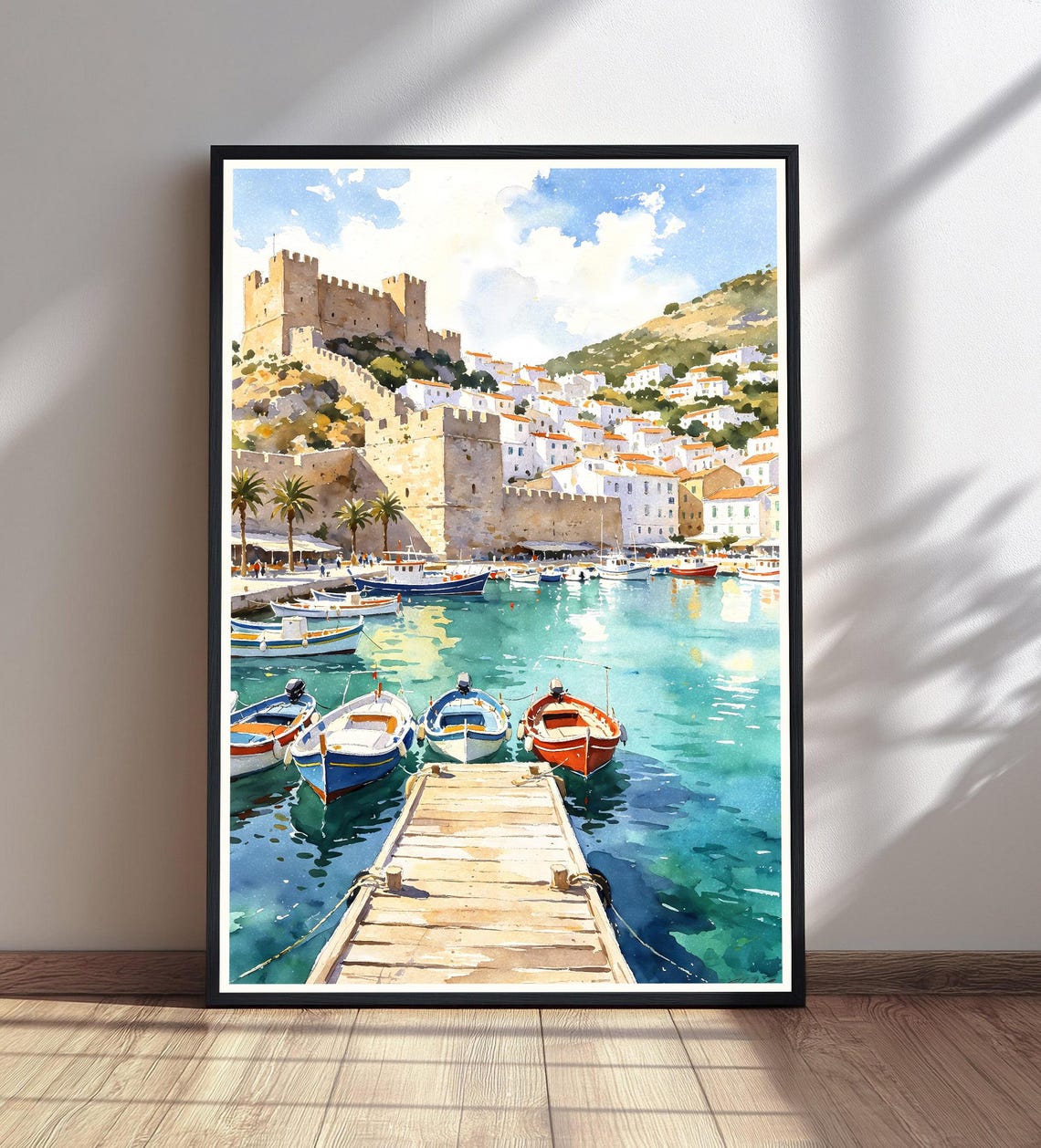 Mediterranean Harbor Castle Boats Turquoise Water Watercolor Print