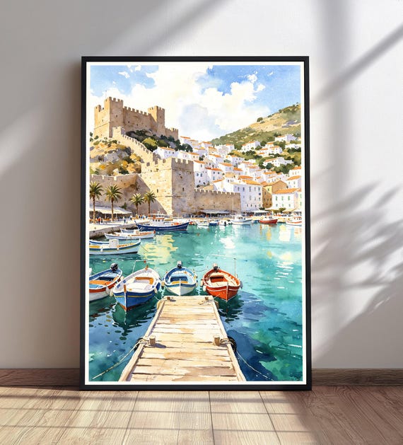 Mediterranean Harbor Town Print Watercolor Castle Art Boats Turquoise Water Wall Decor