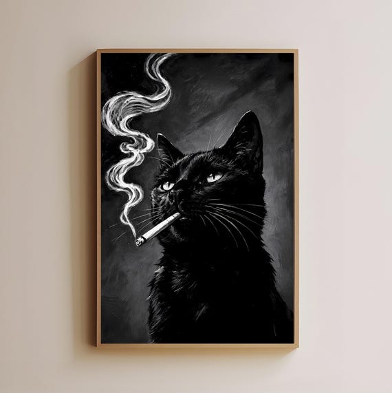 Black Cat Smoking Cigarette Vintage Poster Art Funny Animal Wall Decor Quirky Kitchen