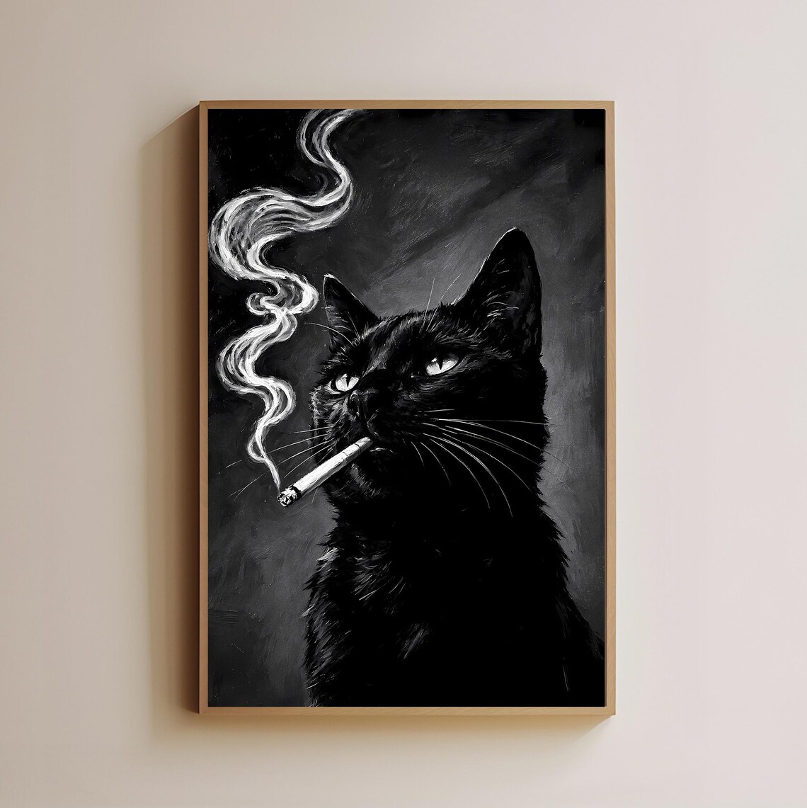 Black Cat Smoking Cigarette Vintage Humor Quirky Animal Painting Poster