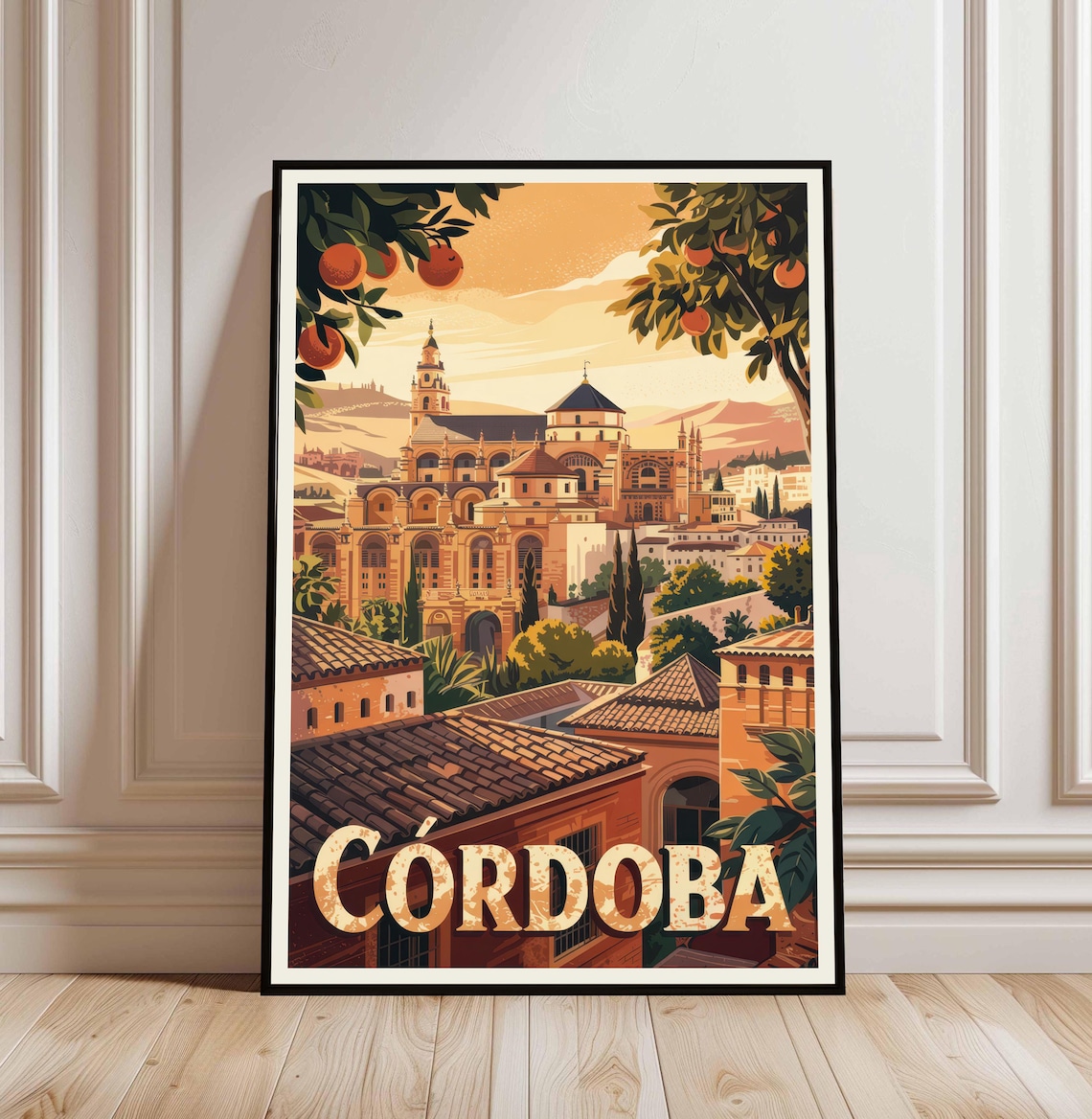 Cordoba Spain Mezquita Cathedral Orange Trees Vintage Travel Poster