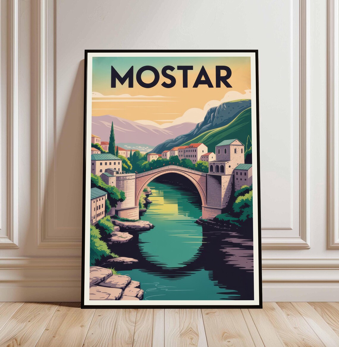 Mostar Bosnia Stari Most Bridge Sunset Vintage Travel Poster Art